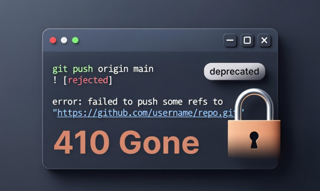 A terminal showing a git push rejected with HTTP error 410 and a deprecation notice